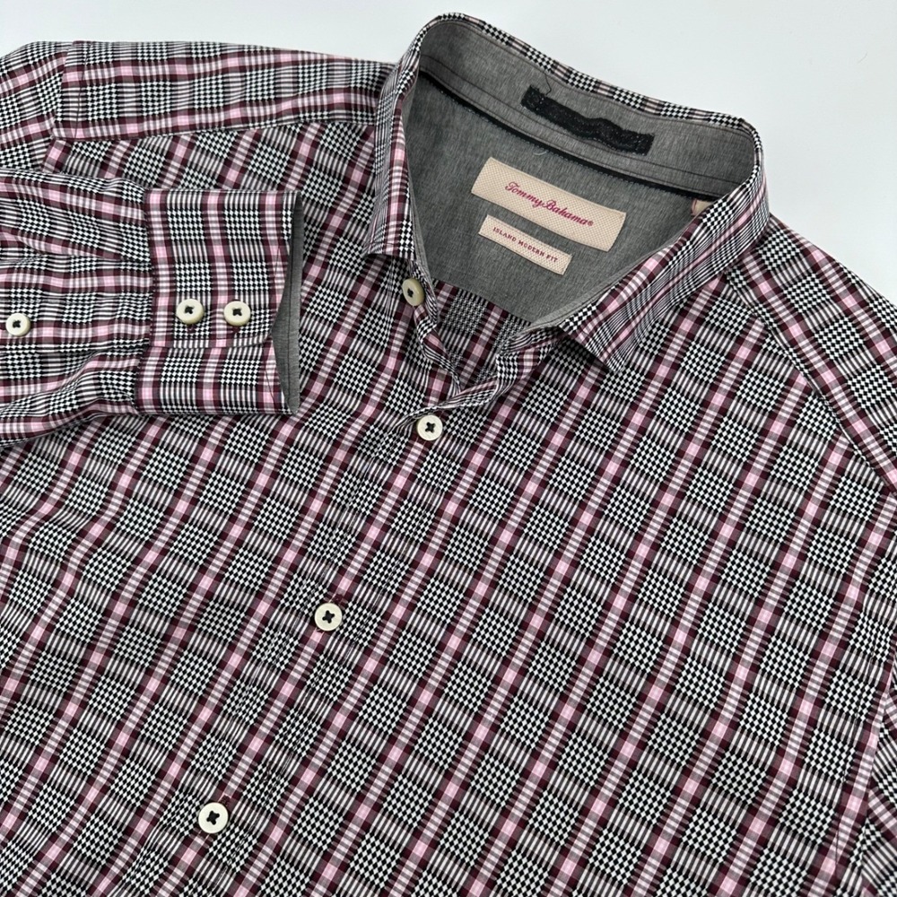 Tommy Bahama Button Down Shirt Mens L Pink Plaid Island Modern Fit Cotton